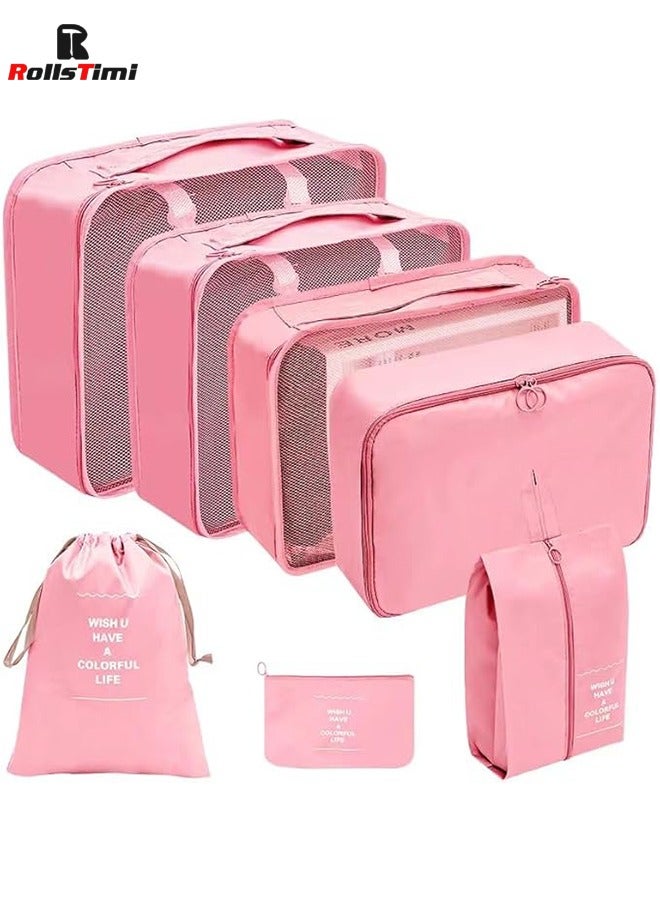RollsTimi  7 Set Packing Cubes for Suitcases, Travel Luggage Packing Organizers with Laundry Bag, Compression Storage Shoe Bag, Clothing Underwear Bag,Pink - Image 1