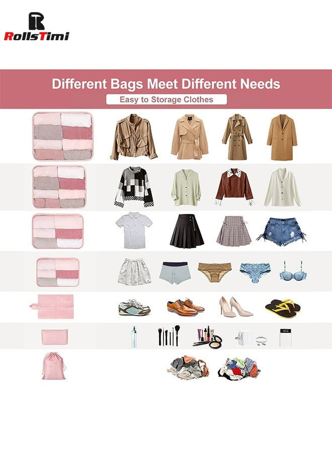 RollsTimi  7 Set Packing Cubes for Suitcases, Travel Luggage Packing Organizers with Laundry Bag, Compression Storage Shoe Bag, Clothing Underwear Bag,Pink - Image 3
