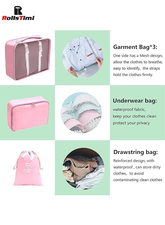 RollsTimi  7 Set Packing Cubes for Suitcases, Travel Luggage Packing Organizers with Laundry Bag, Compression Storage Shoe Bag, Clothing Underwear Bag,Pink - Image 5