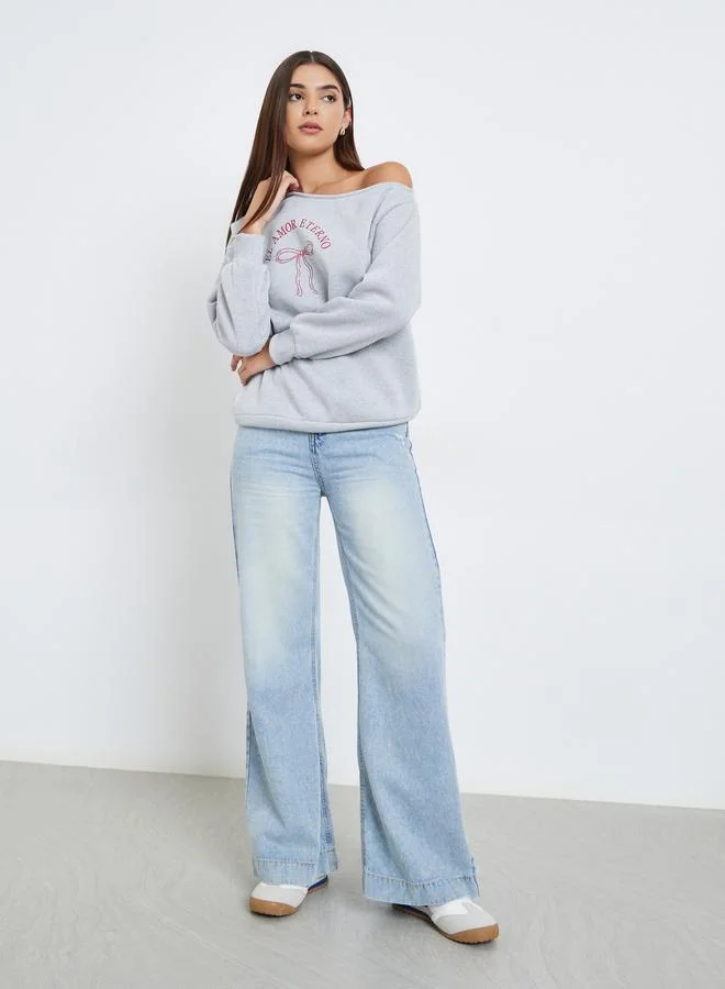 Styli Asymmetric Neck Graphic Print Sweatshirt