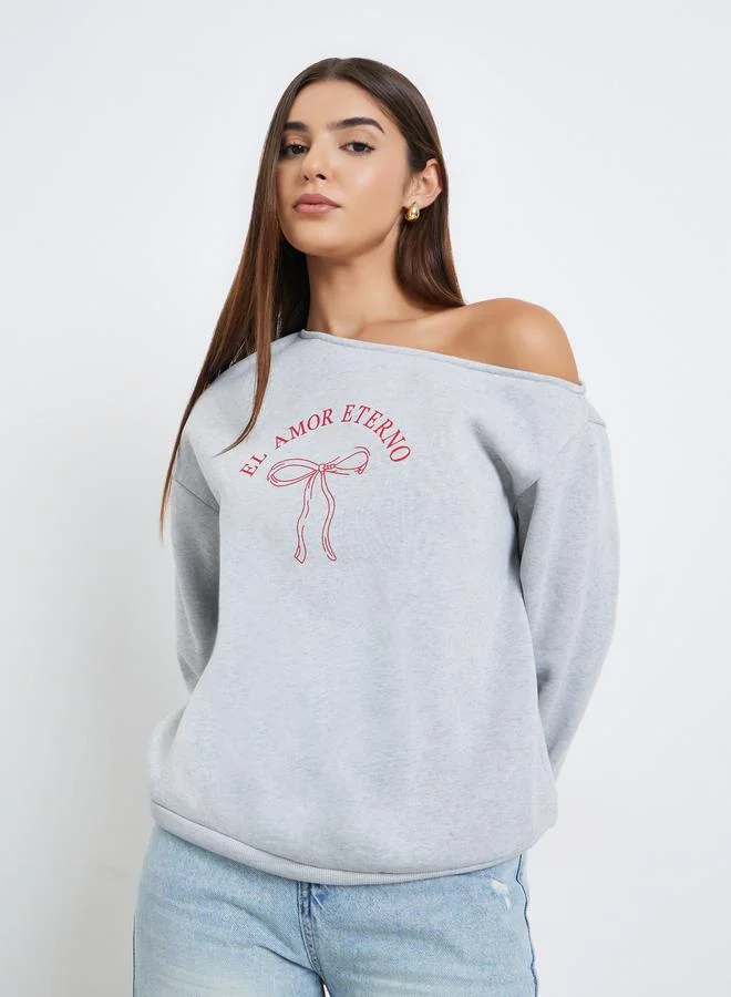 Styli Asymmetric Neck Graphic Print Sweatshirt