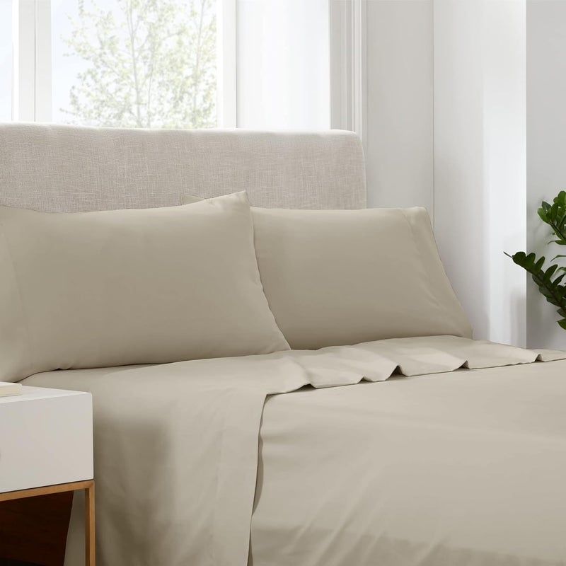 Serta Simply Clean Soft Hypoallergenic Stain Resistant Deep Pocket 3 Pieces Solid Bed Sheet Set, Twin XL, Khaki - Image 1