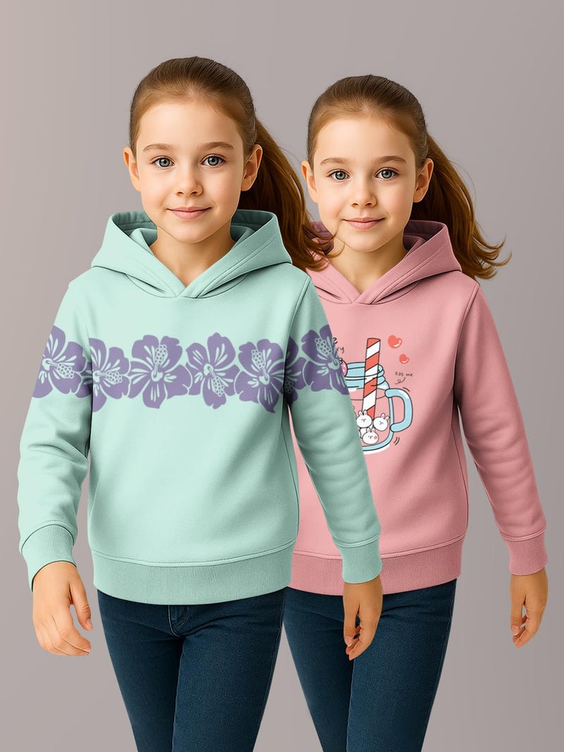HELLCAT Trendy Cotton Blend Hoodie Sweatshirt for Girls - Pack of 2_Mint Green, Pink_3-4Years - Image 2