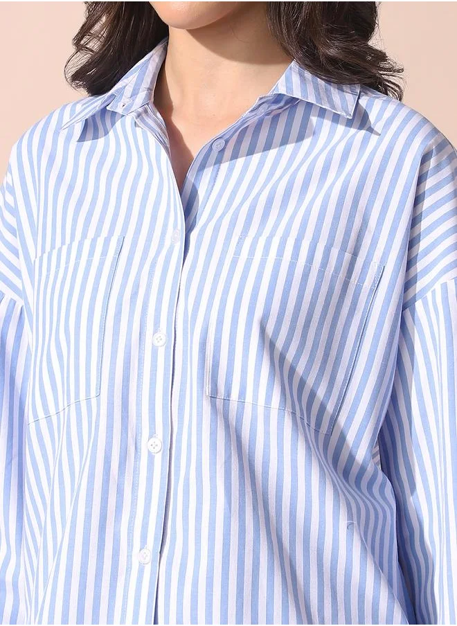 Dennis Lingo Women light blue relaxed fit striped full sleeves button down cotton shirts with button closure featuring a spread collar- perfect for making bold moves.