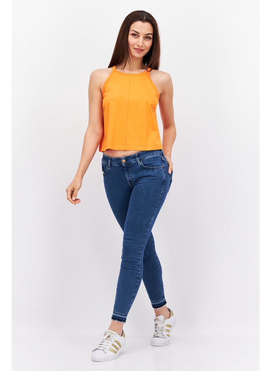 ESPRIT Women Tie Neck Sleeveless Solid Top, Orange  - Image 3