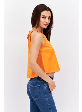 ESPRIT Women Tie Neck Sleeveless Solid Top, Orange  - Image 2