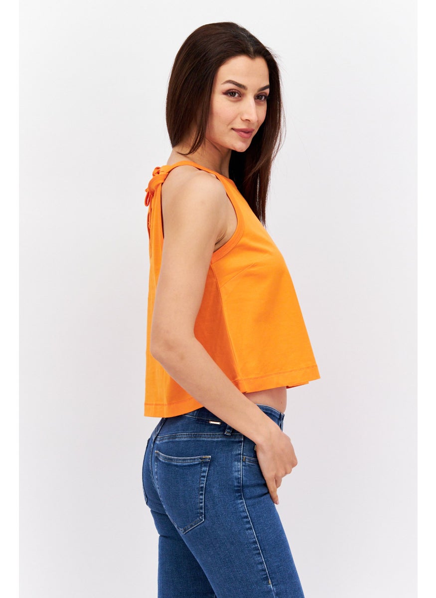 ESPRIT Women Tie Neck Sleeveless Solid Top, Orange  - Image 2