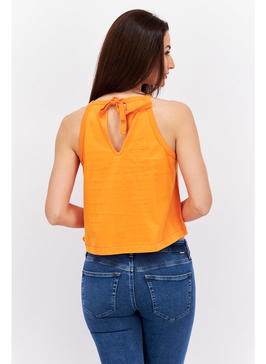 ESPRIT Women Tie Neck Sleeveless Solid Top, Orange  - Image 4