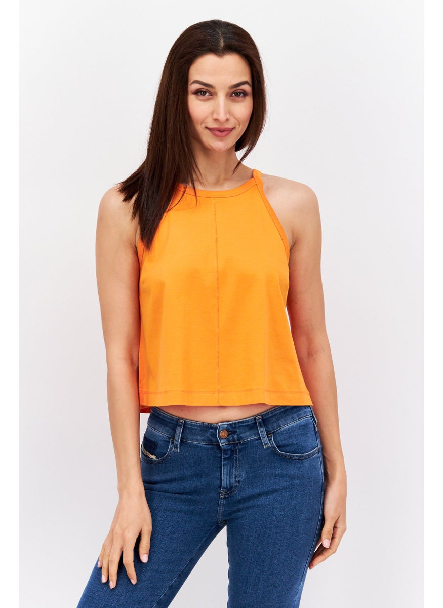 ESPRIT Women Tie Neck Sleeveless Solid Top, Orange  - Image 1