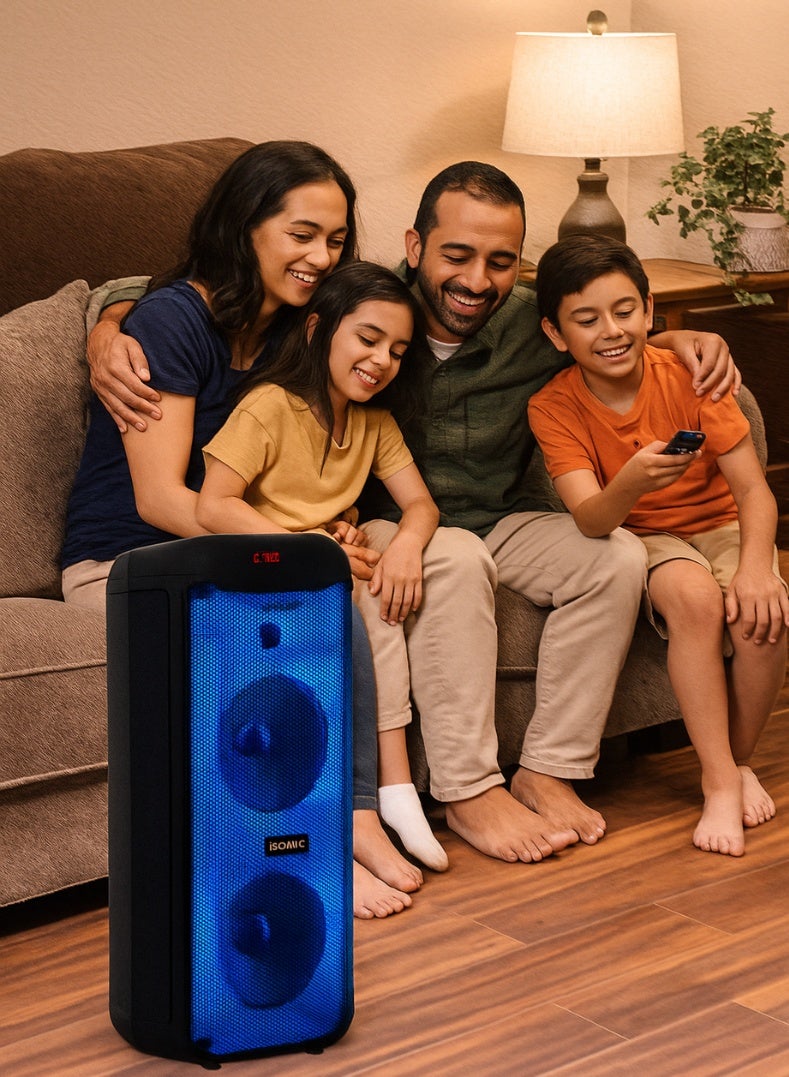 iSONIC مكبر صوت بلوتوث محمول IS-465 مع مضخمي صوت 8 بوصة مزدوجين، 50 واط خرج طاقة عالي، لوحة ضوء لهب LED، دعم USB/SD/FM/AUX، ميكروفون لاسلكي وجهاز تحكم عن بعد - مكبر صوت للحفلات والترفيه المنزلي - Image 5