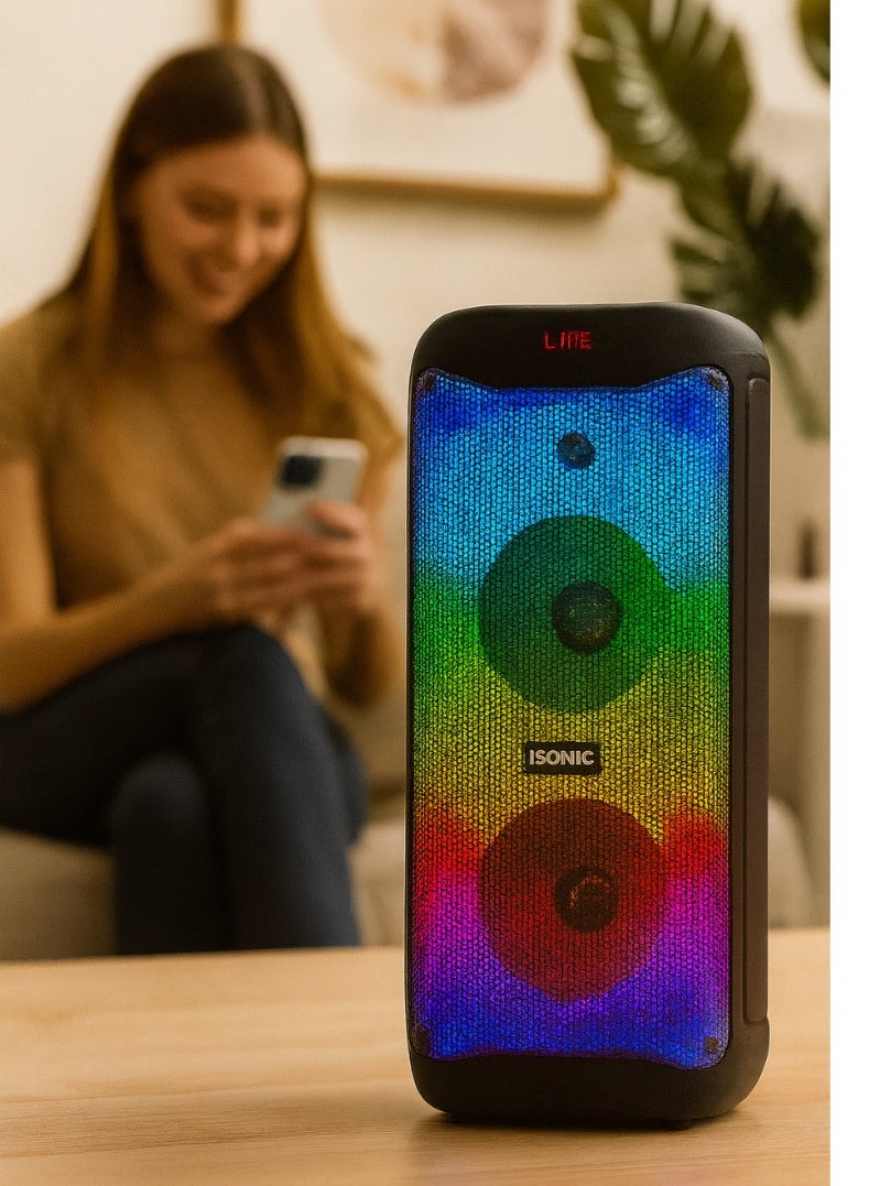 iSONIC مكبر صوت بلوتوث محمول IS-465 مع مضخمي صوت 8 بوصة مزدوجين، 50 واط خرج طاقة عالي، لوحة ضوء لهب LED، دعم USB/SD/FM/AUX، ميكروفون لاسلكي وجهاز تحكم عن بعد - مكبر صوت للحفلات والترفيه المنزلي - Image 2
