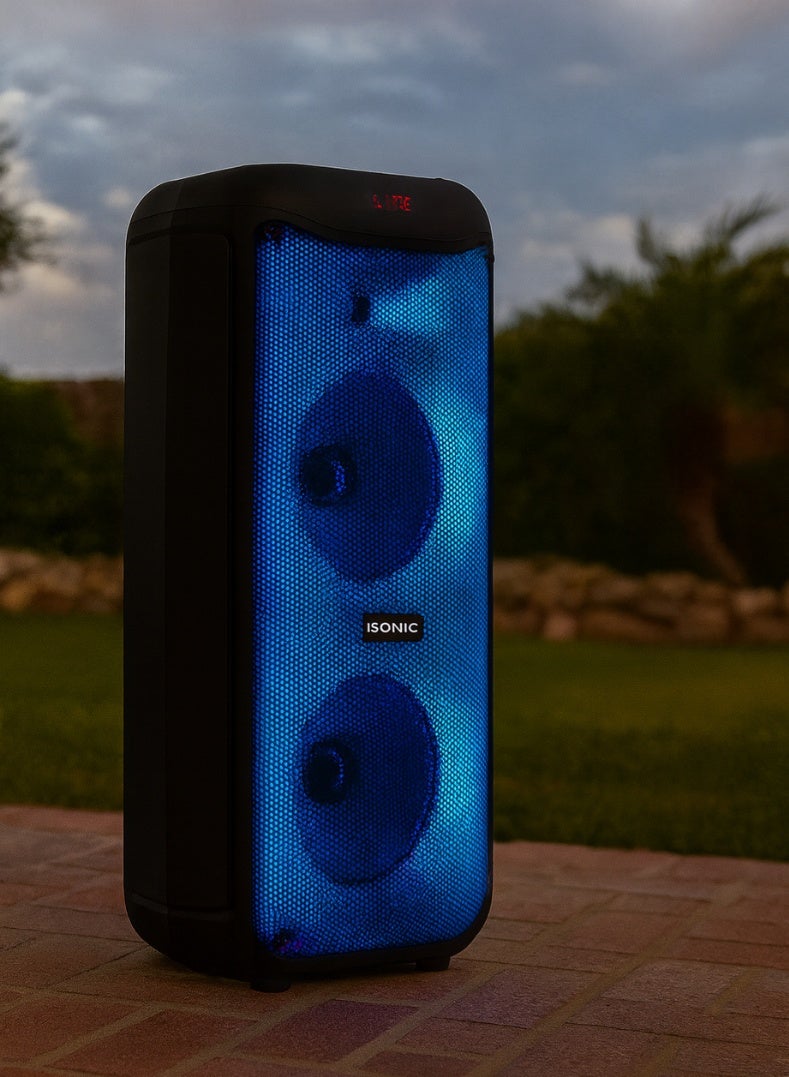 iSONIC مكبر صوت بلوتوث محمول IS-465 مع مضخمي صوت 8 بوصة مزدوجين، 50 واط خرج طاقة عالي، لوحة ضوء لهب LED، دعم USB/SD/FM/AUX، ميكروفون لاسلكي وجهاز تحكم عن بعد - مكبر صوت للحفلات والترفيه المنزلي - Image 4
