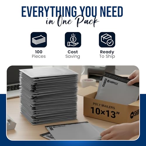 Shippozz 10x13 Poly Mailers 100 Pack, Durable Waterproof Polymailers for Shipping Clothes, Self Seal Mailing Bags for Small Business Packaging Supplies, Mailing Envelopes for Books, and Accessories - Image 4