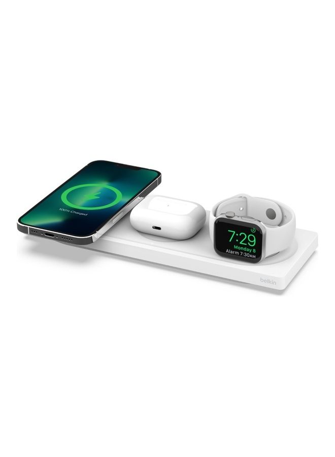 belkin 3-in-1 Magsafe Wireless Charging Station - MFi Certified Charger Pad For iPhone 15, 14, 13, 12 Series, Apple Watch 9, 8, 7, 6, Se, And Airpods 2, Pro, Ultra - Travel-friendly White - Image 2