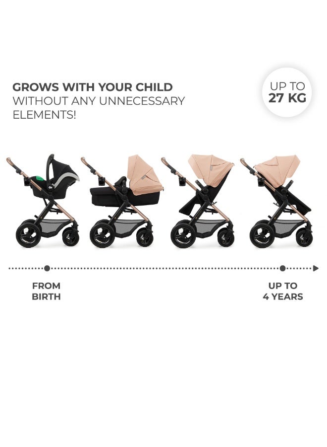 Kinderkraft MOOV 2 AIR 4-in-1 Baby Travel System, Multifunctional Stroller with Carrycot, Pushchair & Infant Car Seat, Air-Filled Wheels, Suitable from Birth, Sand Beige - Image 3