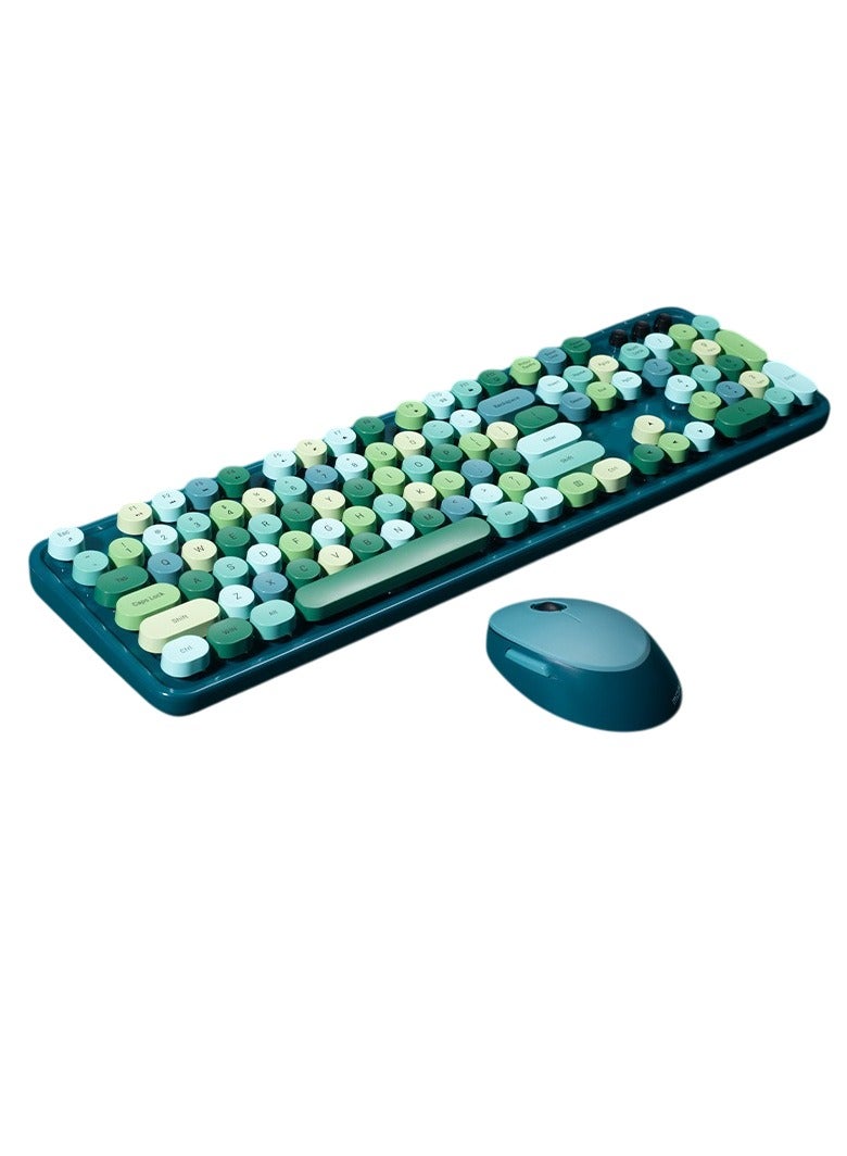 موفيفي مجموعة لوحة مفاتيح وماوس لاسلكية كاملة الحجم 2.4 جيجاهرتز، لوحة مفاتيح وماوس لاسلكية ملونة للكمبيوتر، لوحة مفاتيح صامتة خفيفة الوزن وقابلة للحمل مع ماوس، (ألوان مختلطة باللون الأخضر الداكن) - Image 1