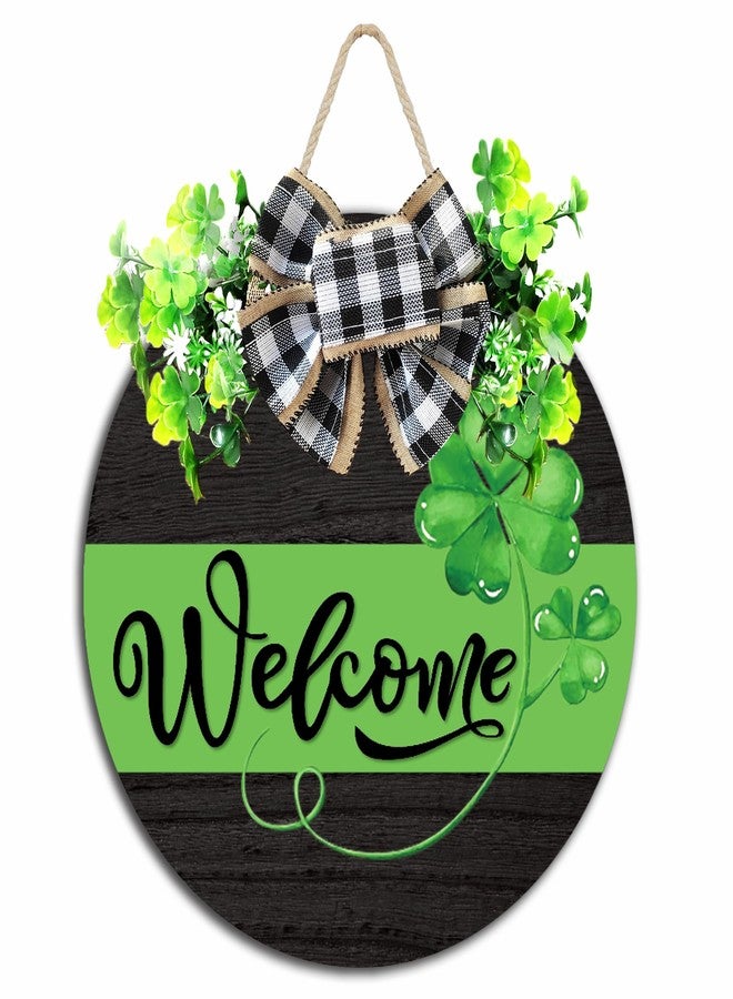 Davsolly St. Patrick's Day Sign Shamrock Decoration Wreath with Buffalo Plaid Bow, 11.6" Diameter, Green, Wooden, Door Mount - Image 1