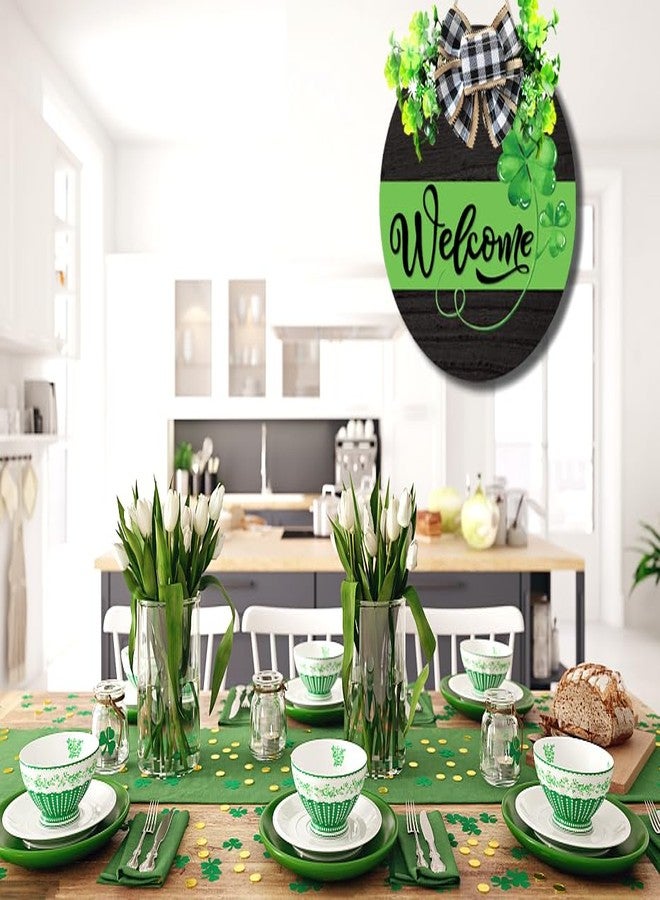 Davsolly St. Patrick's Day Sign Shamrock Decoration Wreath with Buffalo Plaid Bow, 11.6" Diameter, Green, Wooden, Door Mount - Image 3