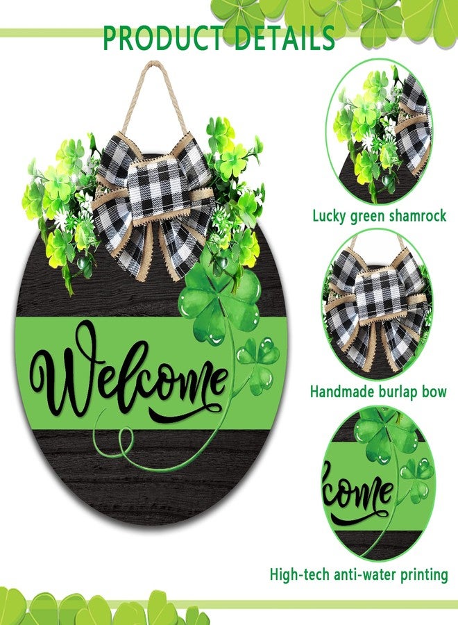 Davsolly St. Patrick's Day Sign Shamrock Decoration Wreath with Buffalo Plaid Bow, 11.6" Diameter, Green, Wooden, Door Mount - Image 2