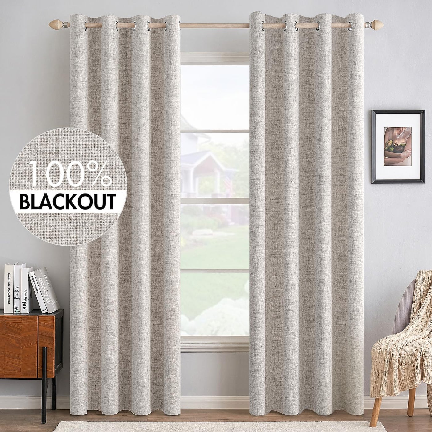 MIULEE 100% Blackout Linen Textured Curtains for Bedroom Solid Thermal Insulated Ivory Grommet Room Darkening Curtains & Drapes Luxury Decor for Living Room 52 x 96 Inch (2 Panels)