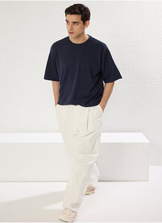 trendyol Navy Blue Oversize/Wide Textured Cut T-shirt  - Image 3