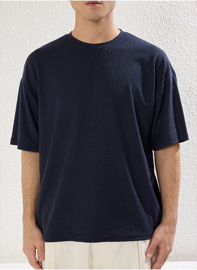 trendyol Navy Blue Oversize/Wide Textured Cut T-shirt  - Image 4