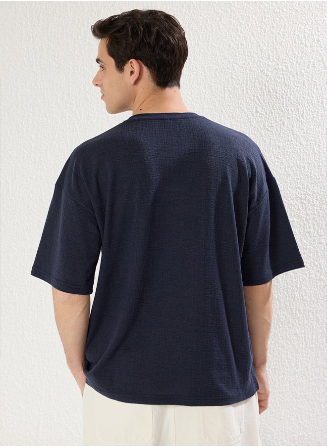 trendyol Navy Blue Oversize/Wide Textured Cut T-shirt  - Image 2