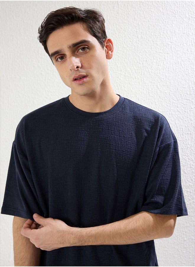 trendyol Navy Blue Oversize/Wide Textured Cut T-shirt  - Image 1