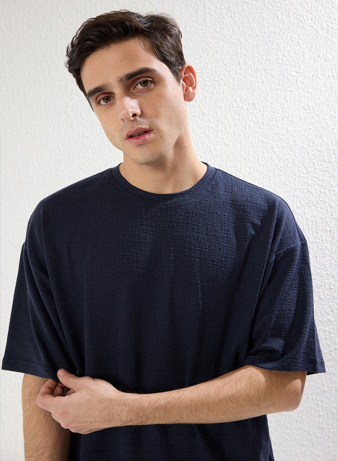 trendyol Navy Blue Oversize/Wide Textured Cut T-shirt - Image 1