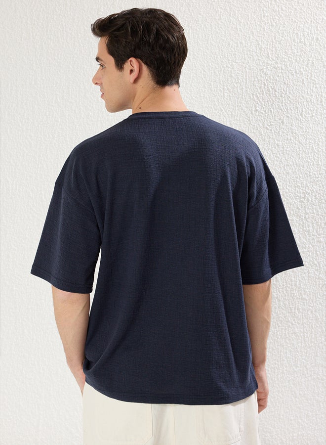 trendyol Navy Blue Oversize/Wide Textured Cut T-shirt - Image 2