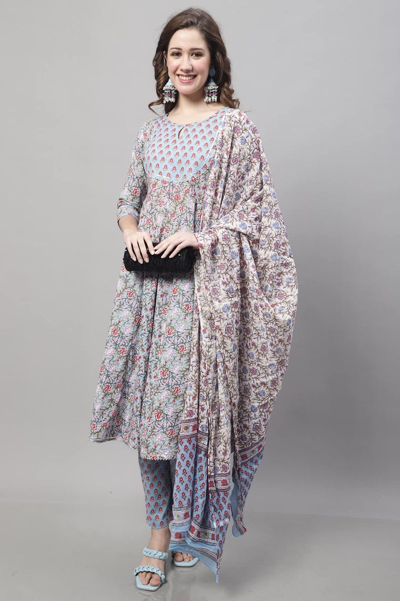 Monira Women's Pure Cambric Cotton Printed Kurta Set with Dupatta (MONJPR801-M_Blue_M) - Image 3