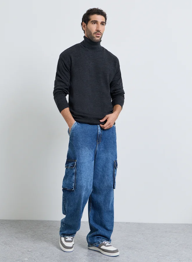 ستايلي Men Charcoal Textured Knit Turtle Neck Relaxed Sweater