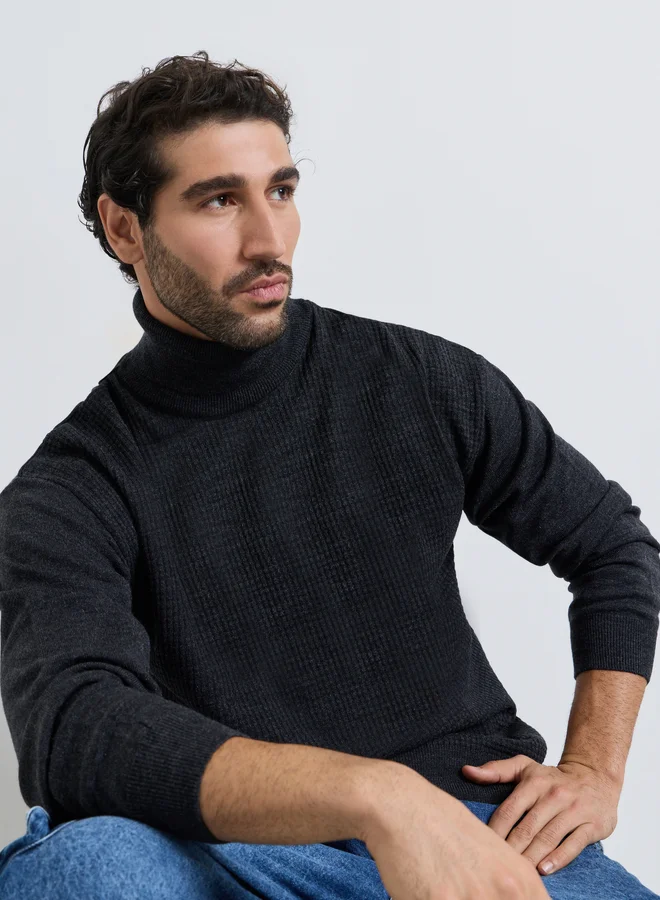 ستايلي Men Charcoal Textured Knit Turtle Neck Relaxed Sweater