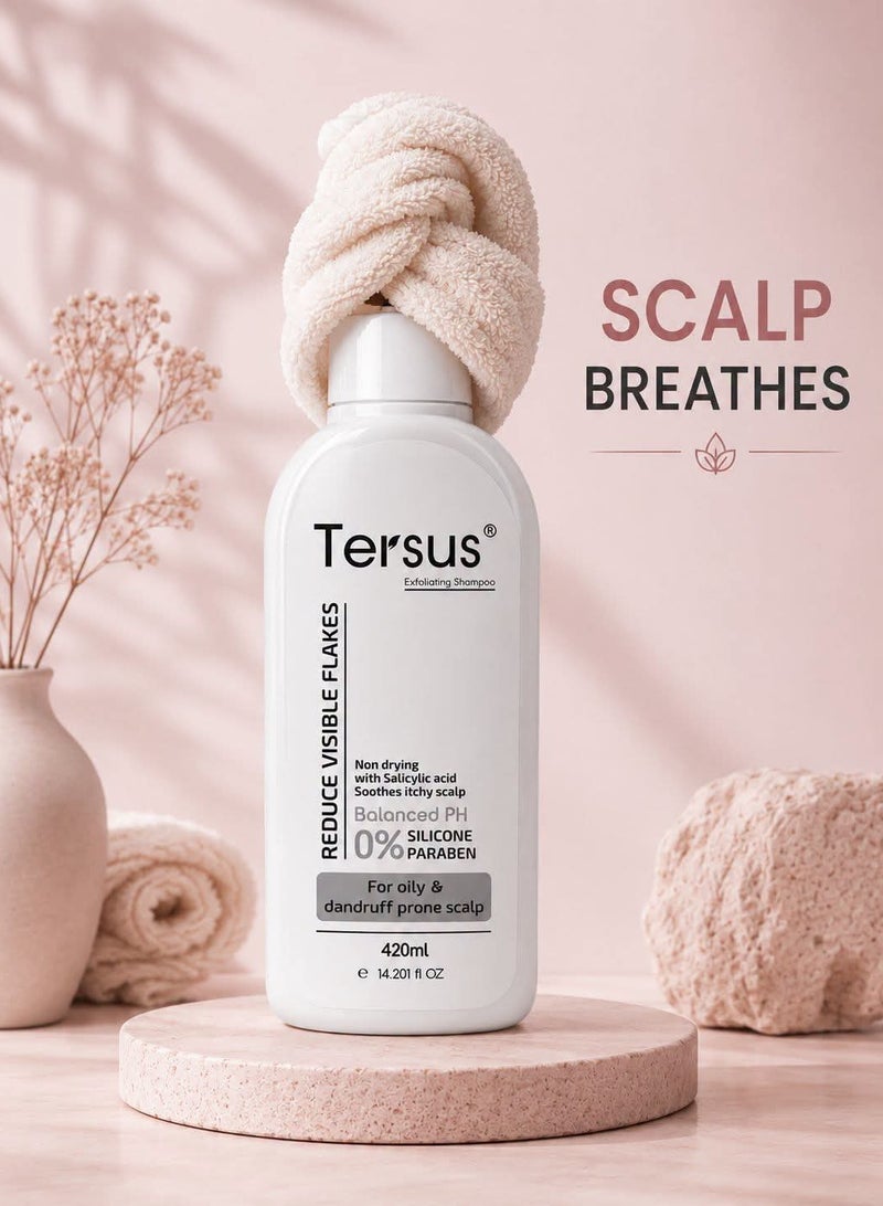 Tersus Exfoliating Anti-Dandruff Shampoo for Oily Hair with Salicylic Acid & Tea Tree Oil for Deep Cleansing – 420 ml - Image 2
