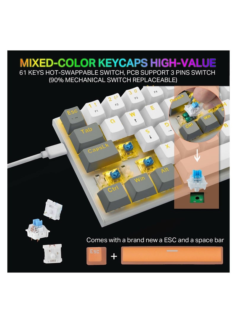 E-YOOSO Z-11 60% Mechanical Gaming Keyboard,Blue Switch 61 Keys Wired Compact Keyboard,Yellow Backlit and Metal Panel for Windows,Mac OS-White Grey - Image 2