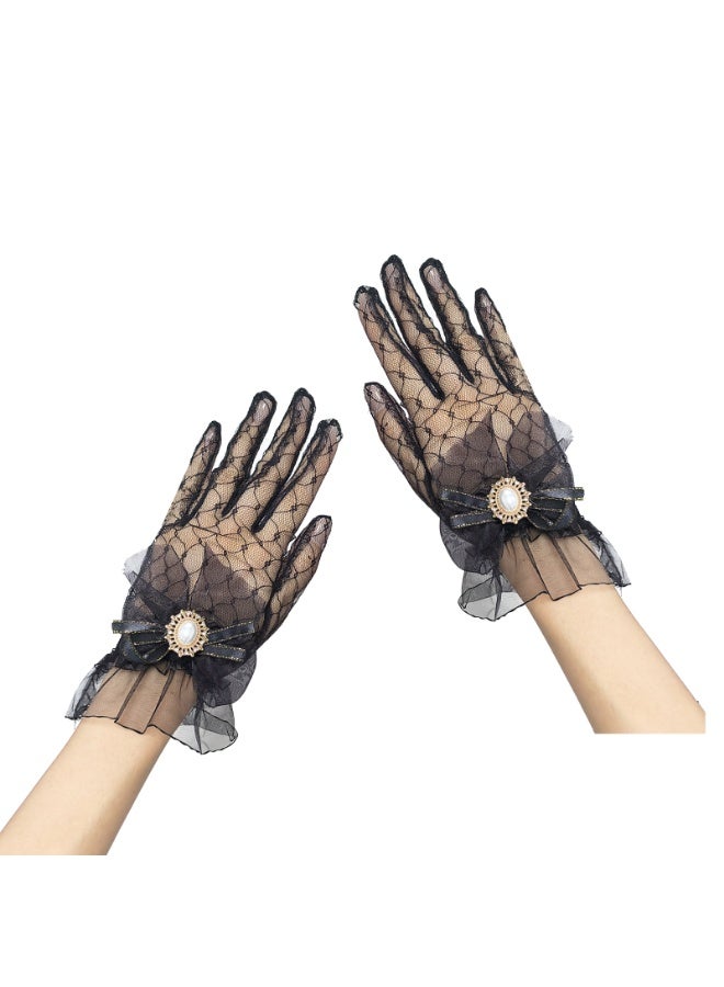 Women Ladies Lace Gloves，Elegant Retro Mesh Sunscreen Bridal  Gloves for Prom Party Wedding Tea Party Cosplay,Black - Image 1