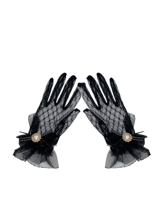 Women Ladies Lace Gloves，Elegant Retro Mesh Sunscreen Bridal  Gloves for Prom Party Wedding Tea Party Cosplay,Black - Image 3