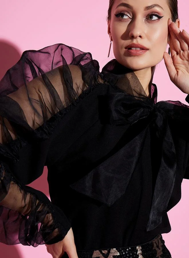 Athena Tie-Up Neck Organza Top with Puff Sleeves by Styli