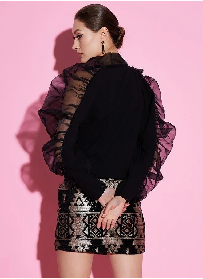 أثينا Tie-Up Neck Organza Top with Puff Sleeves by Styli