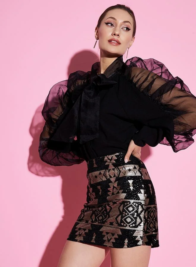 Athena Tie-Up Neck Organza Top with Puff Sleeves by Styli