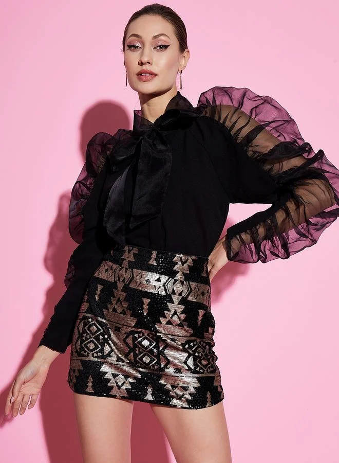 Athena Tie-Up Neck Organza Top with Puff Sleeves by Styli