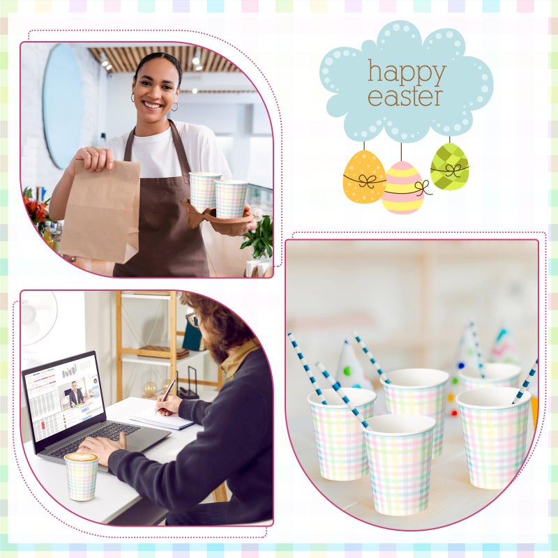 Zhehao 120 Pieces 8 oz Disposable Cups Spring Plaid Paper Coffee Color Paper Cups for Pastel Rainbow Brithday Party Supplies Holiday Table Decorations - Image 2