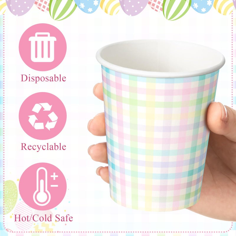 Zhehao 120 Pieces 8 oz Disposable Cups Spring Plaid Paper Coffee Color Paper Cups for Pastel Rainbow Brithday Party Supplies Holiday Table Decorations - Image 1