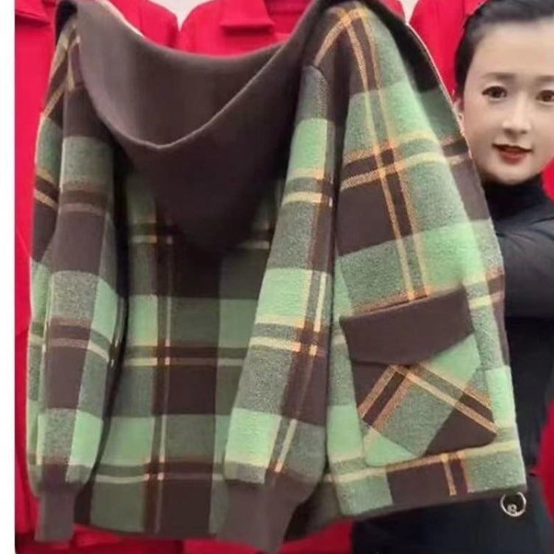 Moms Middle-Aged And Elderly Fleece-Lined Short Coat Arrival Stylistic Woolen Plaid Hooded Top Cardigan - Image 1