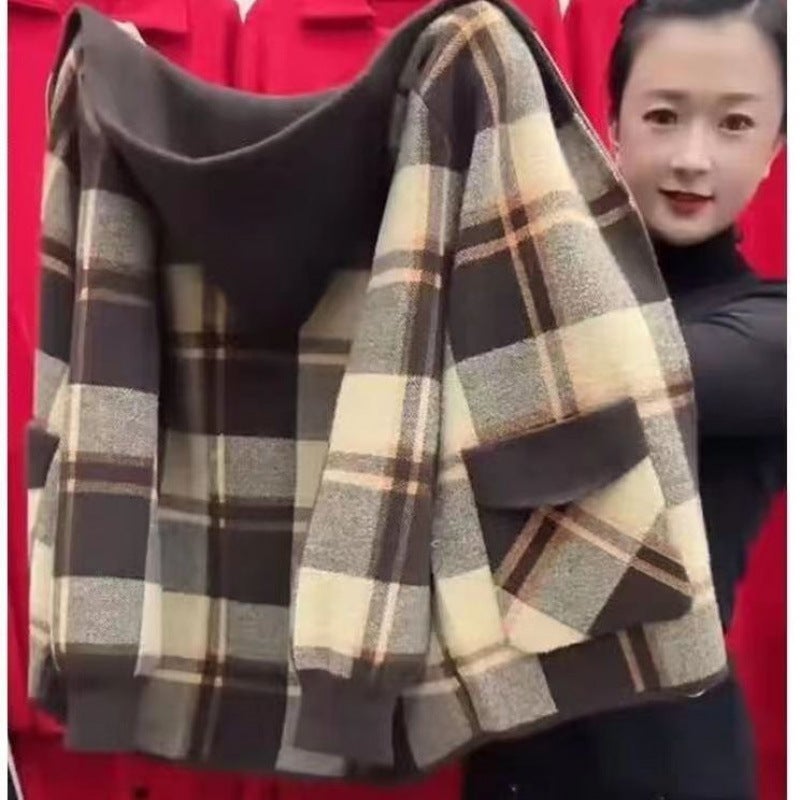 Moms Middle-Aged And Elderly Fleece-Lined Short Coat Arrival Stylistic Woolen Plaid Hooded Top Cardigan - Image 3