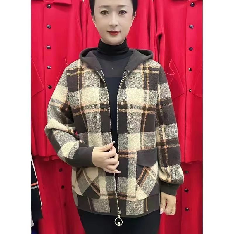 Moms Middle-Aged And Elderly Fleece-Lined Short Coat Arrival Stylistic Woolen Plaid Hooded Top Cardigan - Image 2