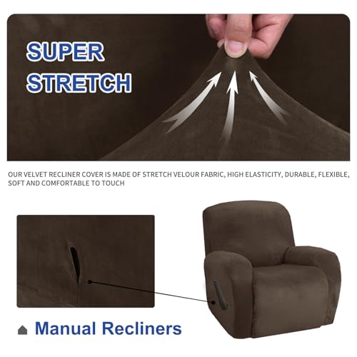 MAXIJIN Velvet 4 Piece Recliner Cover Stretch Plush Soft Recliner Chair Covers Thick Soft Reclining Chair Slipcovers Furniture Protector with Side Pocket for Kids, Pets (Recliner,Dark Coffee) - Image 5