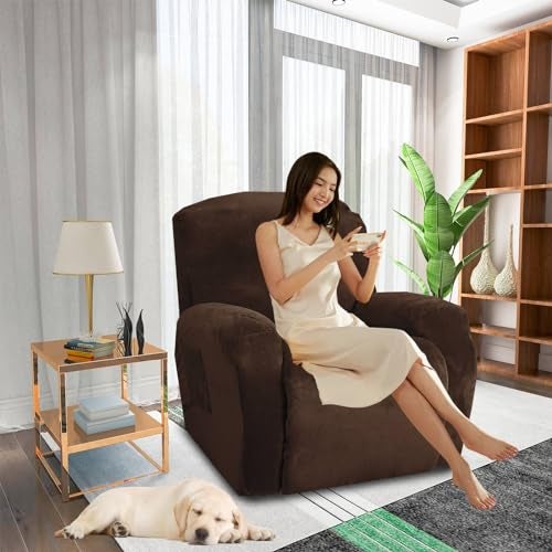 MAXIJIN Velvet 4 Piece Recliner Cover Stretch Plush Soft Recliner Chair Covers Thick Soft Reclining Chair Slipcovers Furniture Protector with Side Pocket for Kids, Pets (Recliner,Dark Coffee) - Image 2