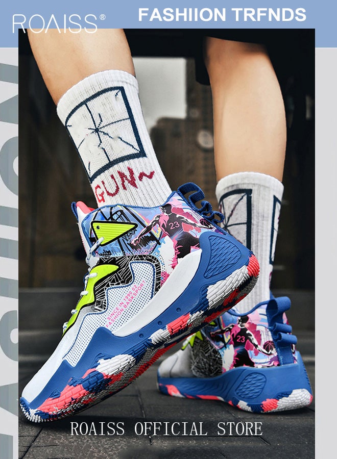 roaiss High Top Graffiti Training Basketball Shoes for Men Youth Outdoor Non Slip Shock Absorbing Sneakers Men's Breathable Lace Up Athletic Running Shoes Trainers - Image 2