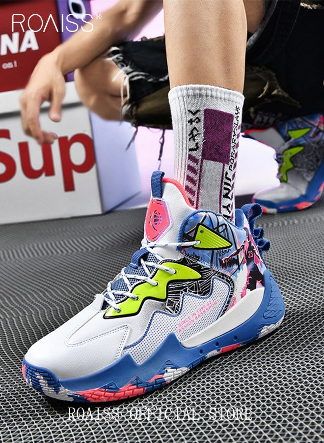 roaiss High Top Graffiti Training Basketball Shoes for Men Youth Outdoor Non Slip Shock Absorbing Sneakers Men's Breathable Lace Up Athletic Running Shoes Trainers - Image 1